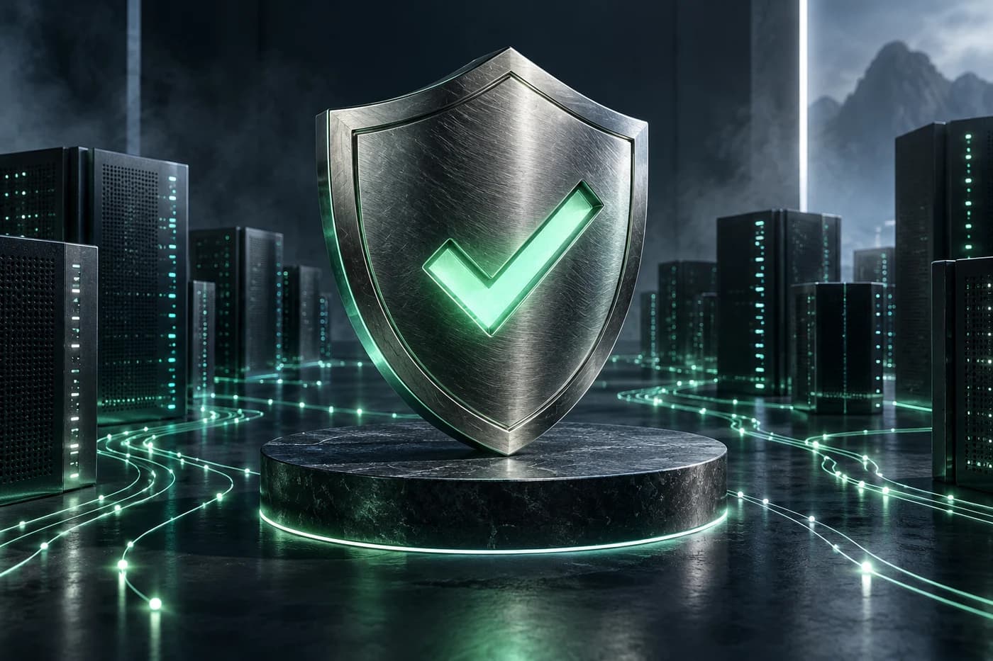 민트빛 체크 표시가 새겨진 금속 방패와 네트워크 서버